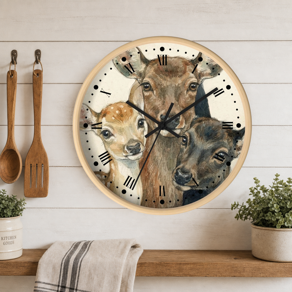 Round wall clock with a watercolor-style illustration of three deer on the face, mounted on a white wood plank wall above a wooden shelf with plants and a towel. A wooden spoon and spatula hang on the left.
