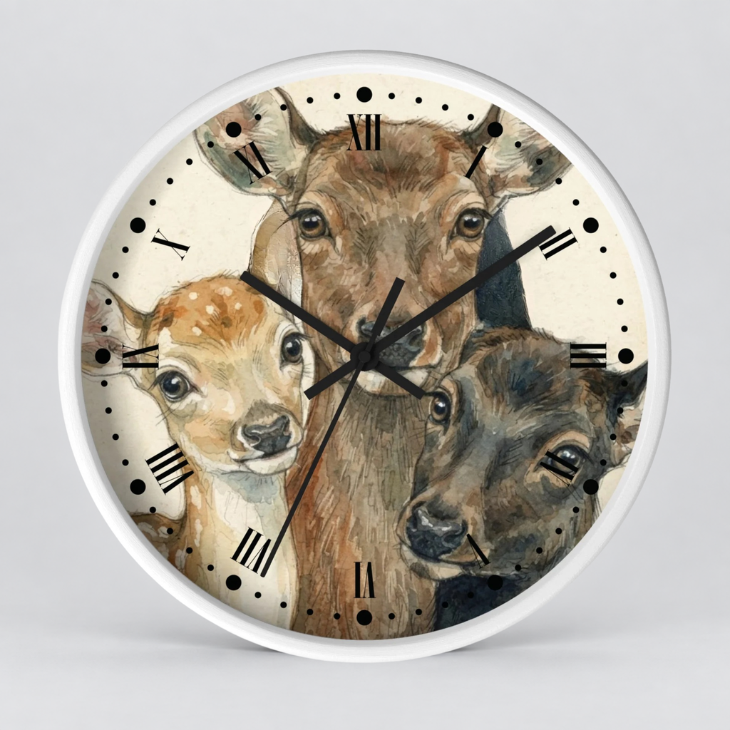 Round wall clock with a white frame and a printed illustration of three deer heads on the face, with black Roman numerals and black clock hands, shown against a light gray background.