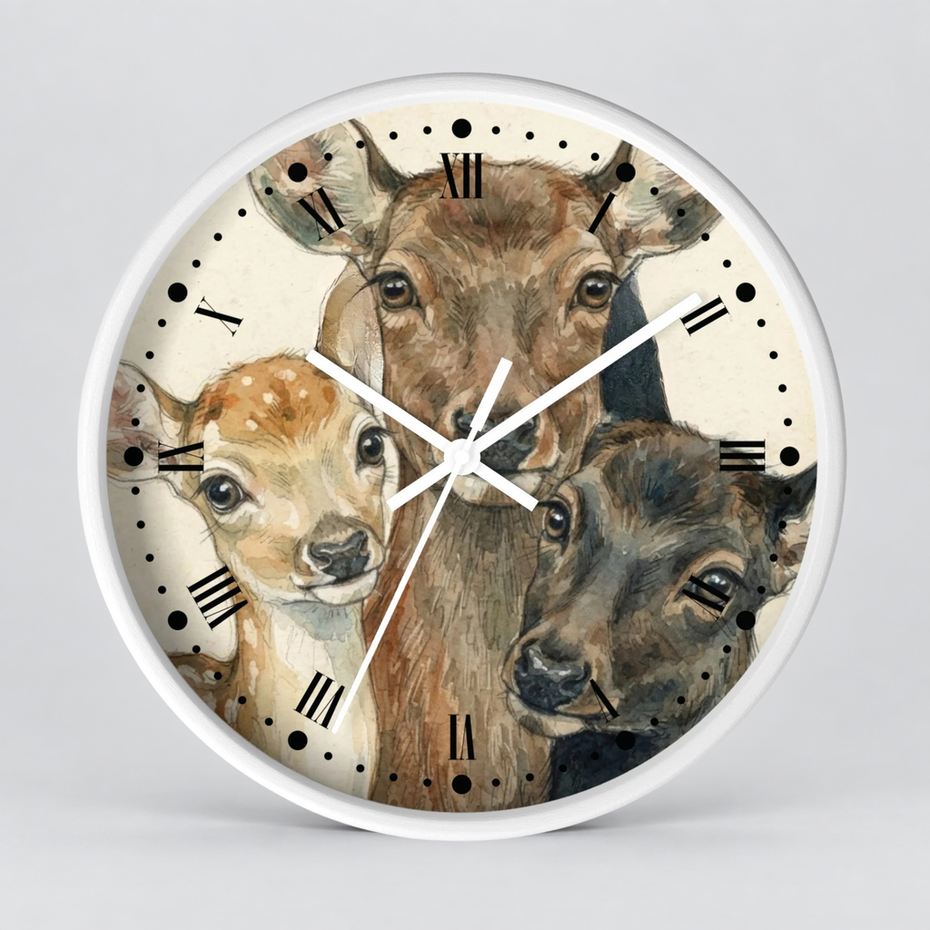 Round wall clock with a white frame and a printed illustration of three deer heads on the face, with black Roman numerals and white hands, shown against a light gray background.