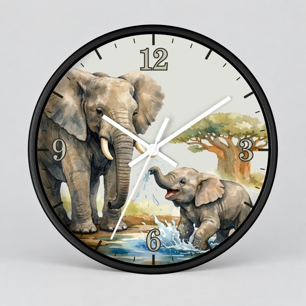 Round wall clock with a black frame and a printed illustration of two elephants at a watering hole on the clock face, shown against a light gray background.