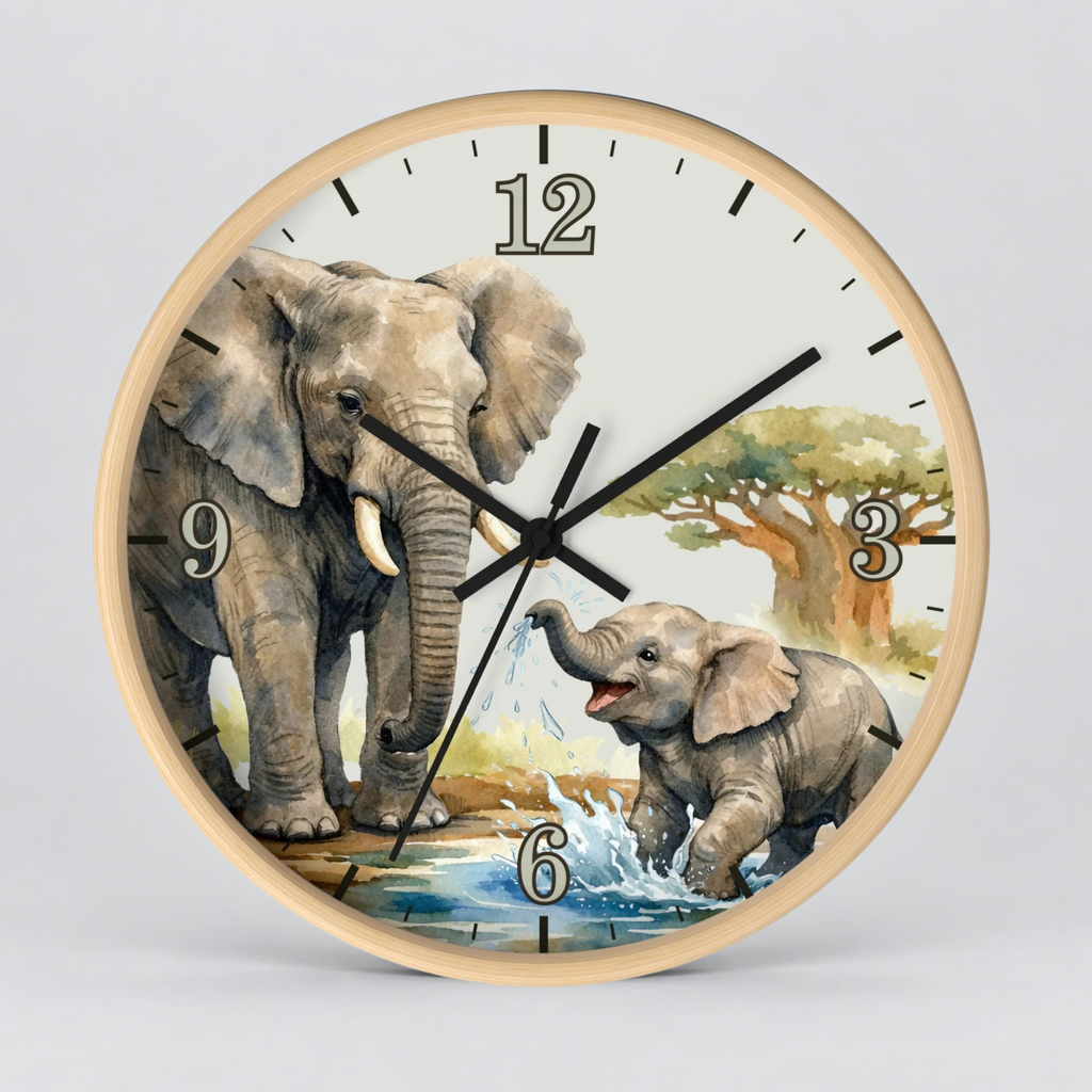 A round wall clock with a light wood frame and a printed illustration of two elephants in a watering landscape. The clock face is off-white with black Arabic numerals and black hands, photographed against a neutral light gray background.