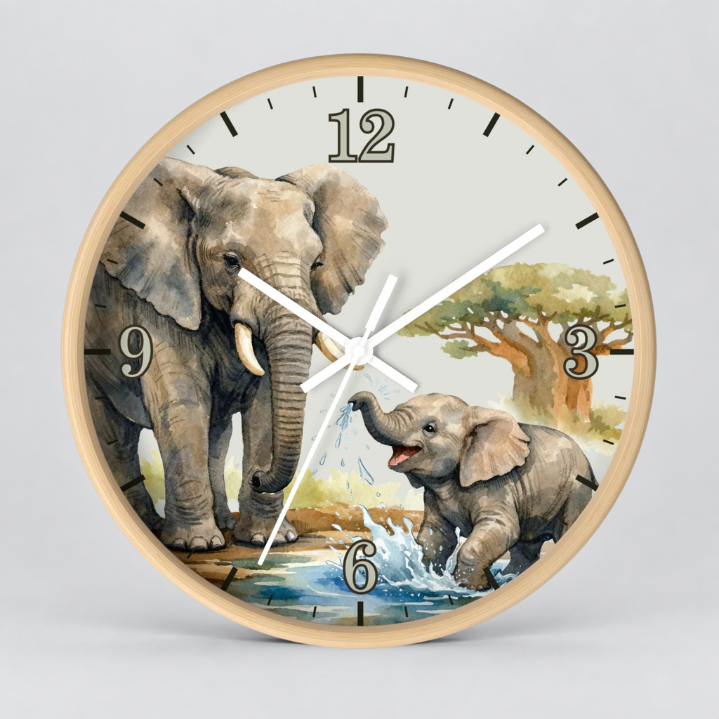 Round wall clock with a light wood frame and a printed elephant scene on the face, featuring two elephants, a tree, and black Arabic numerals, shown against a light gray background.