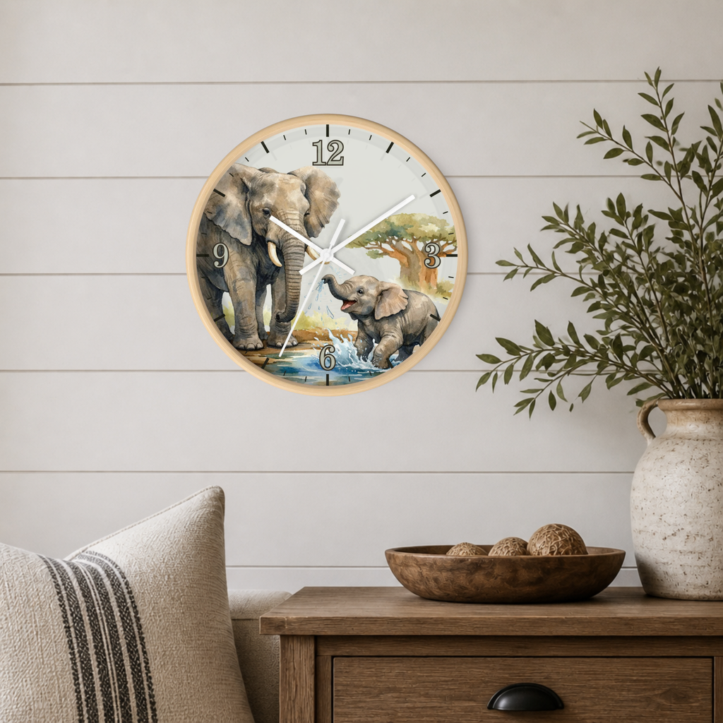 Elephant Family Wall Clock — Watercolor Safari Nursery Decor