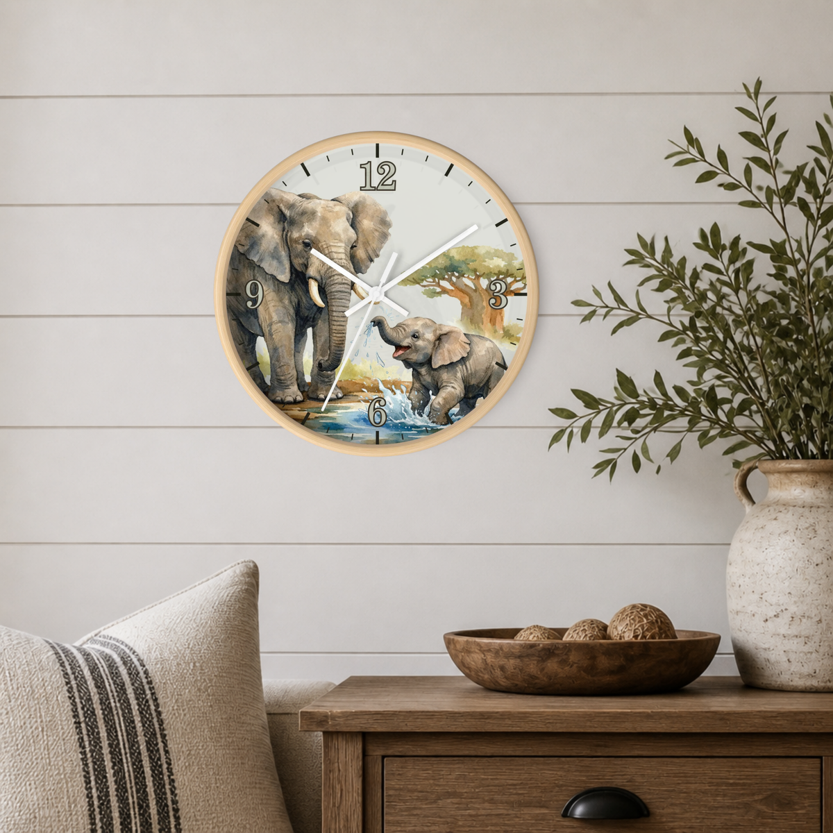 Elephant Family Wall Clock — Watercolor Safari Nursery Decor