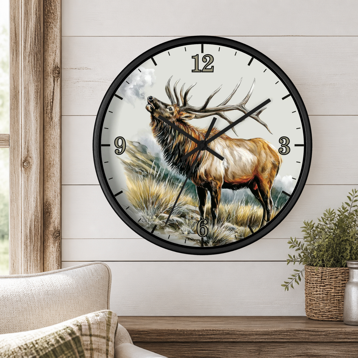 Elk Winter Wall Clock – Rustic Wildlife Home Decor