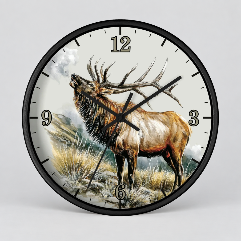 Elk Winter Wall Clock – Rustic Wildlife Home Decor