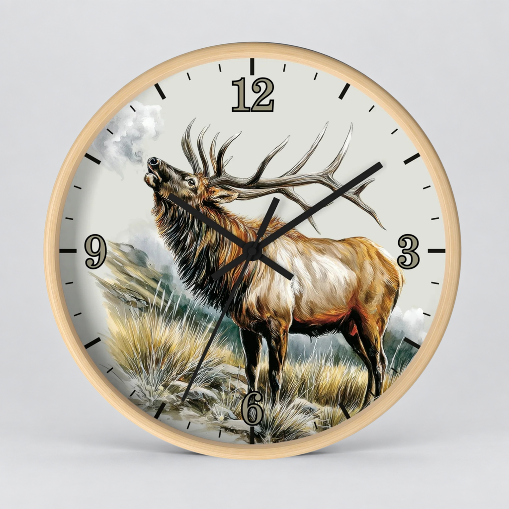 Elk Winter Wall Clock – Rustic Wildlife Home Decor