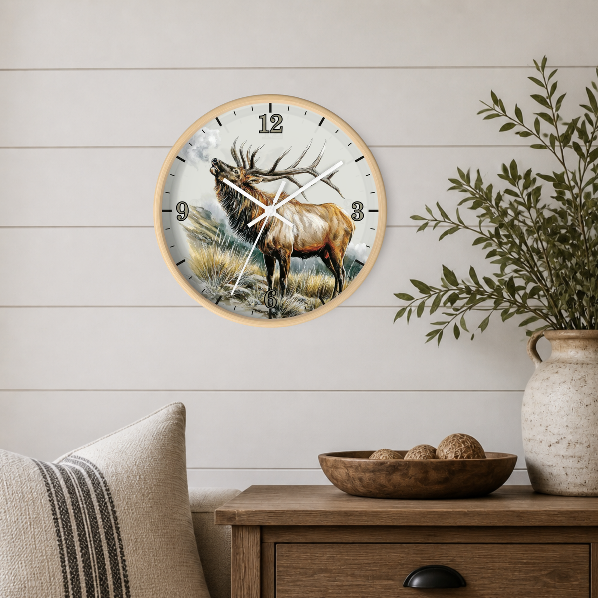Elk Winter Wall Clock – Rustic Wildlife Home Decor