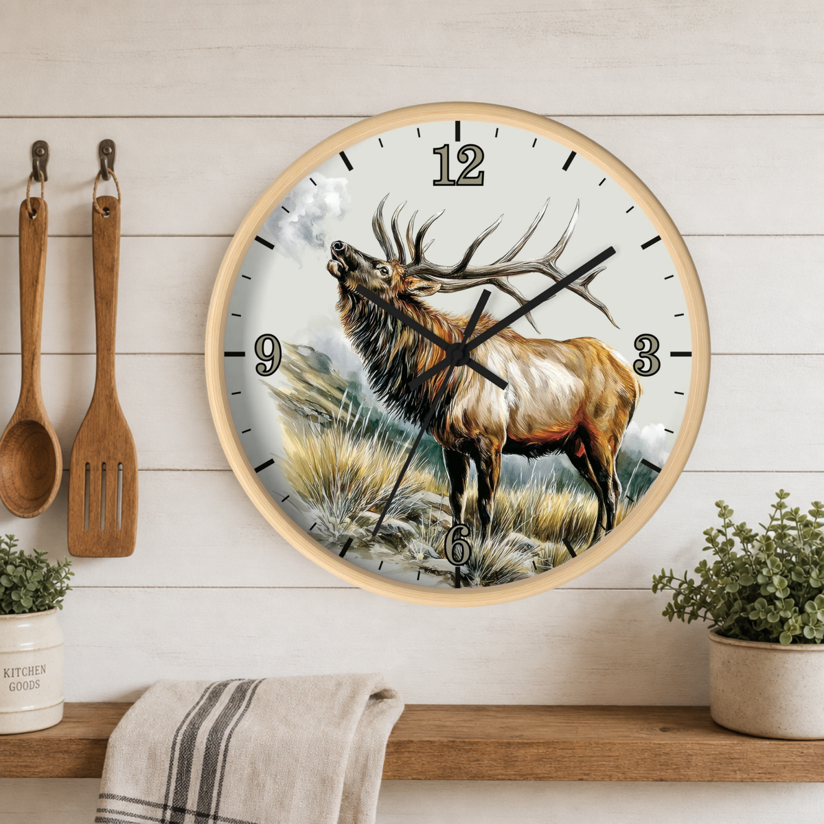 Elk Winter Wall Clock – Rustic Wildlife Home Decor