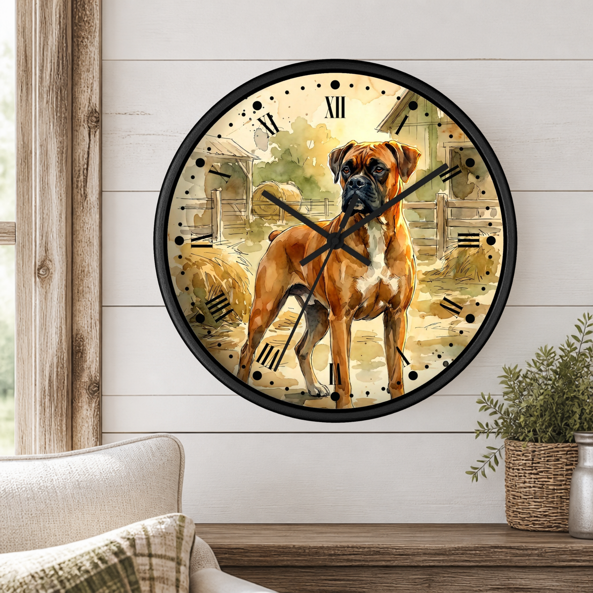 A round wall clock with a black frame and a printed illustration of a brown and white dog standing on a farm, mounted on a white shiplap wall above a wooden table with a plant.