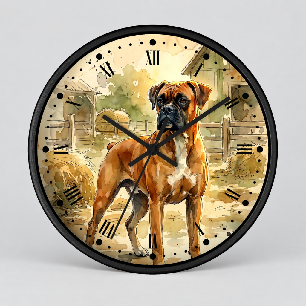 A round wall clock with a black frame and a printed illustration of a brown and white Boxer dog standing in a sunlit barn scene. The clock face uses Roman numerals and has black hands against a light gray studio background.