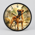 A round wall clock with a black frame and a printed illustration of a brown and white Boxer dog standing in a sunlit barn scene. The clock face uses Roman numerals and has black hands against a light gray studio background.