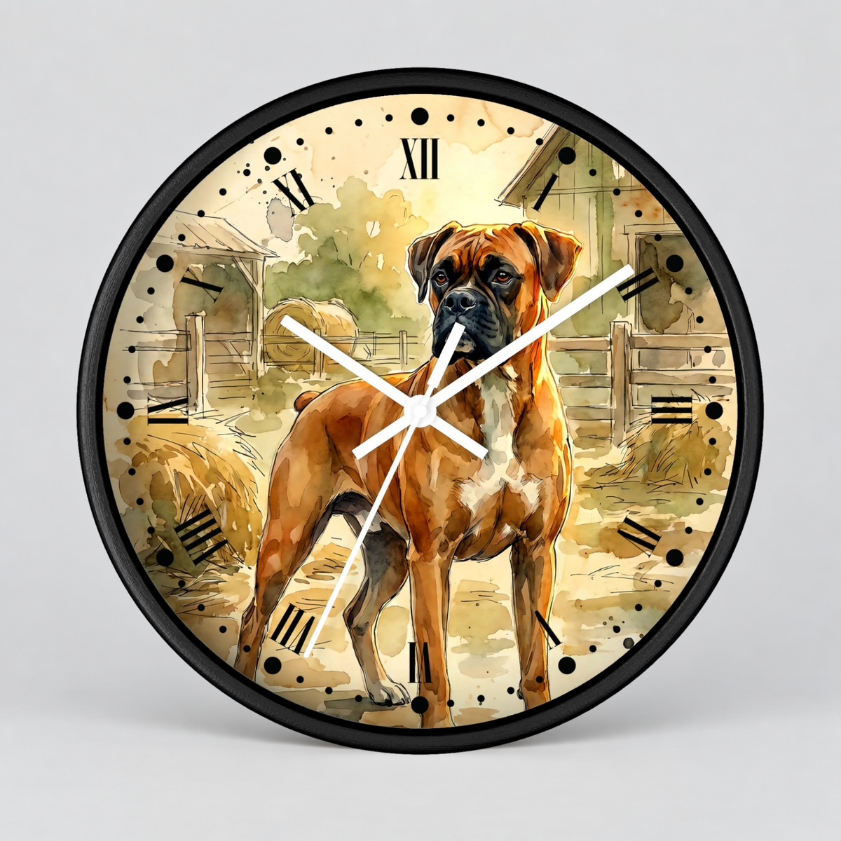 A round wall clock with a black frame and a printed illustration of a brown and white Boxer dog standing in a farm scene with hay bales and rustic buildings. The clock face has black Roman numerals and white hands against a light gray studio background.