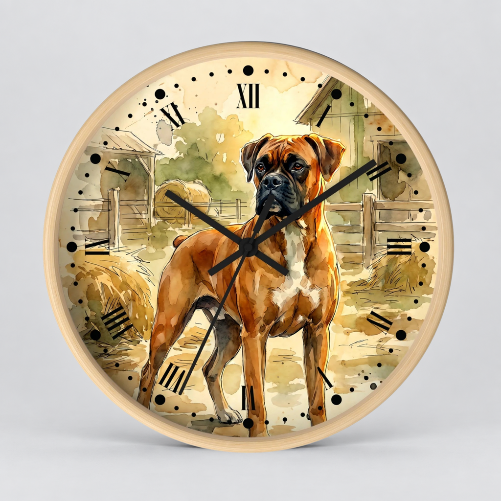 Round wall clock with a watercolor-style illustration of a brown and white boxer dog standing on a farm, with black Roman numerals and black clock hands on a light wood-toned frame.
