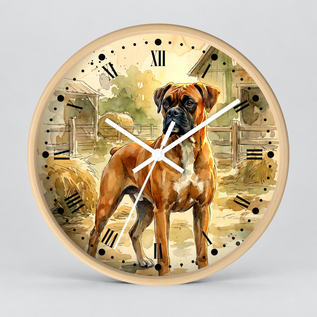 Round wall clock with a watercolor-style illustration of a brown and white Boxer dog standing on a farm, with black Roman numerals and white clock hands on a light wood-toned frame.