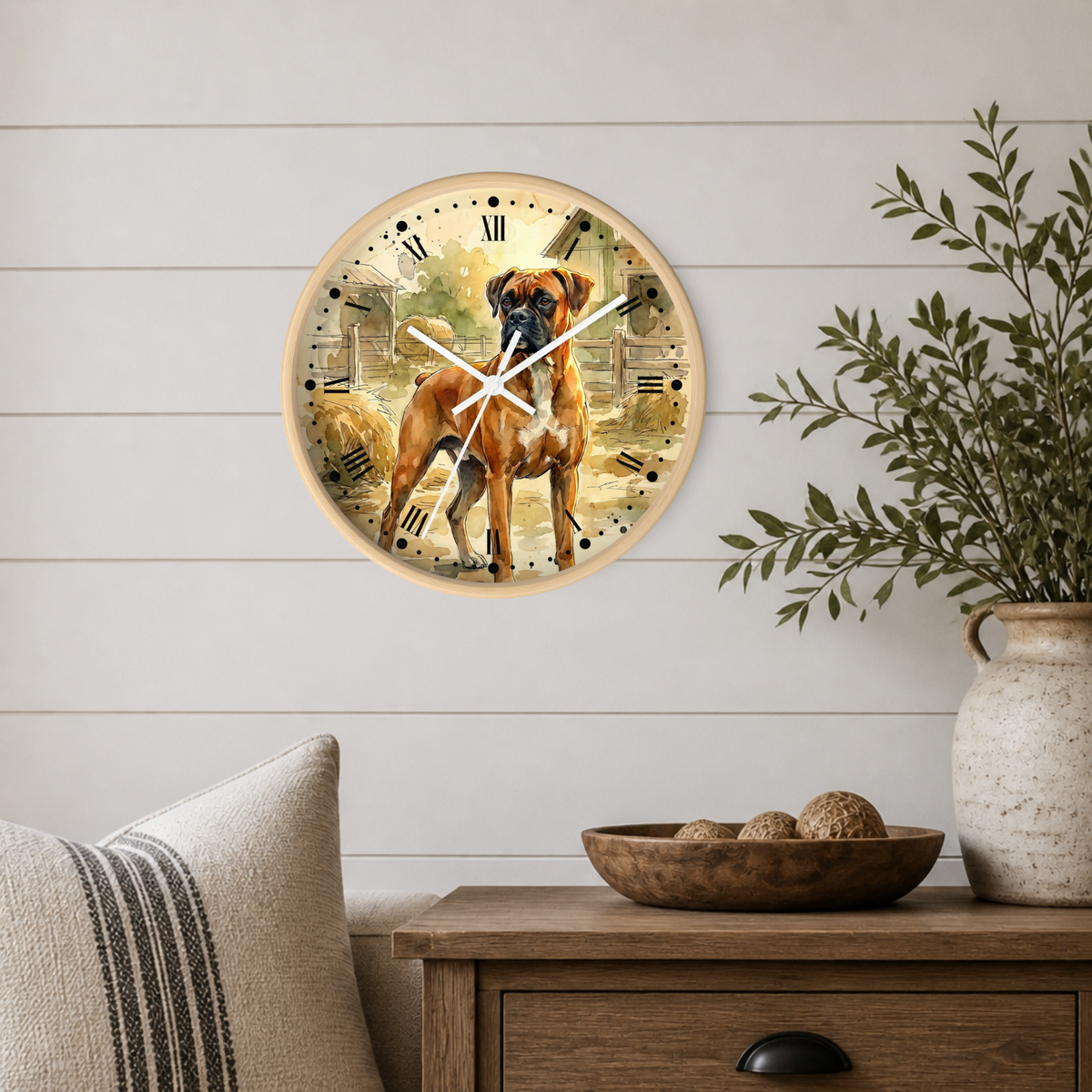 A round wall clock with a vintage-style illustration of a boxer dog on the face, mounted on a white shiplap wall above a wooden side table with a vase and bowl.