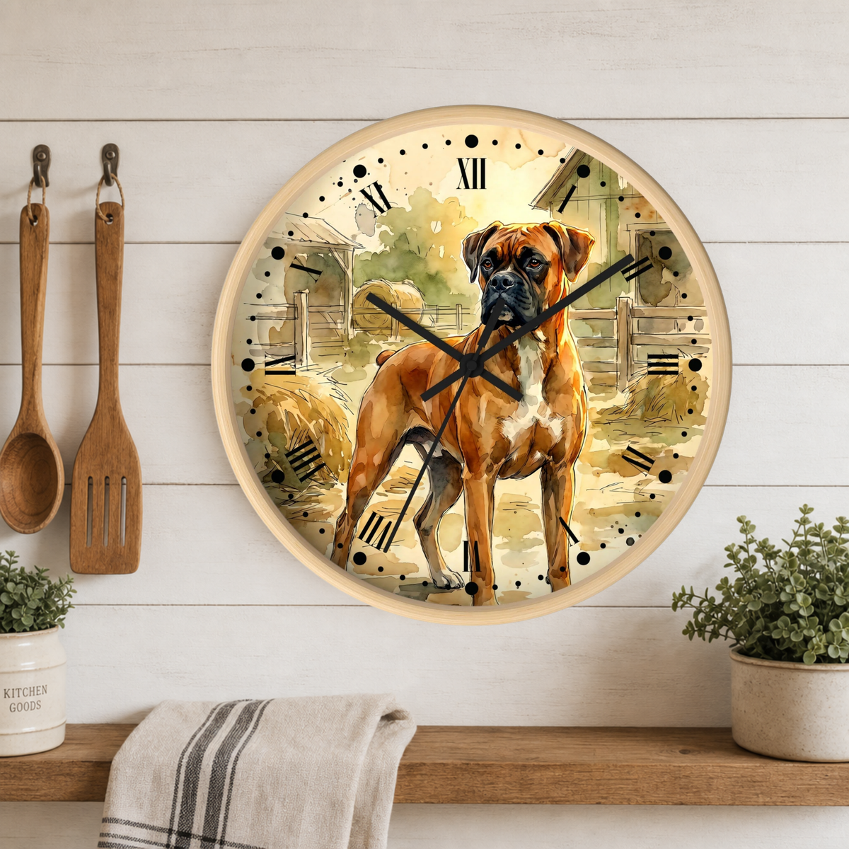 Round wall clock featuring a painted Boxer dog over a farm scene, mounted on a white wood plank wall above a shelf with plants and a towel. No person or animal is physically present in the photographed environment; the dog is part of the printed artwork on the product, so this is Product/Packaging rather than Lifestyle or Scenery.