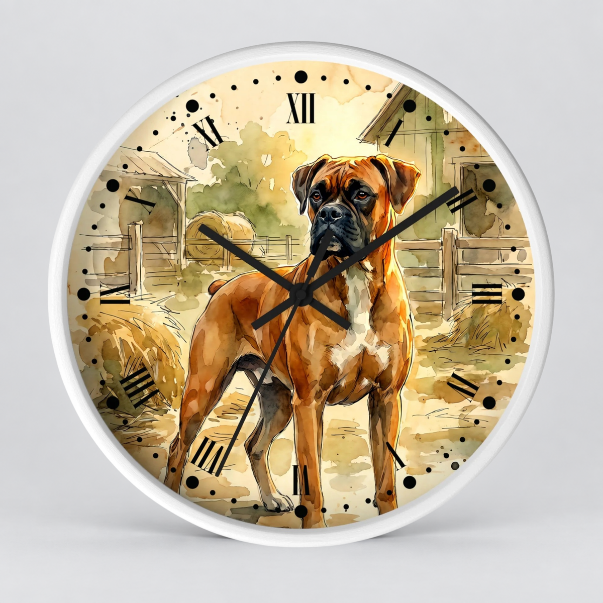 A round wall clock with a white frame and a printed illustration of a brown and white Boxer dog standing on a farm scene. The clock face includes black Roman numerals and black clock hands, shown against a light gray background.