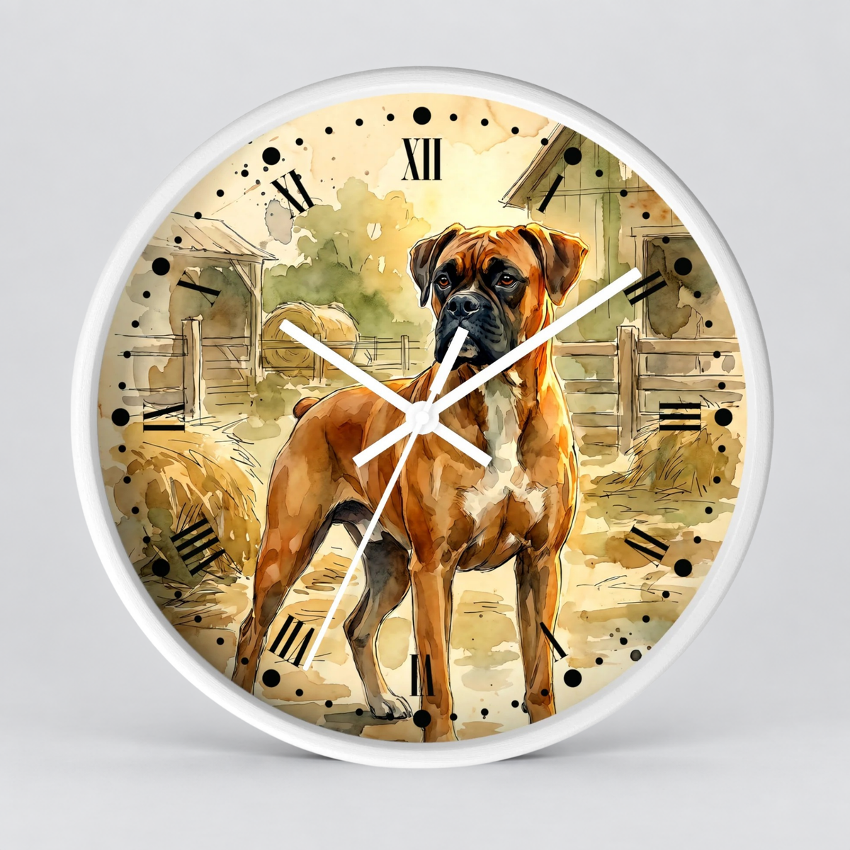 Round wall clock with a white frame and a printed illustration of a brown and white Boxer dog standing on a farm at sunset. The clock face features watercolor-style barns, hay, and black Roman numerals, with white clock hands.