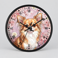 Round wall clock with a black frame featuring an illustrated long-haired dog portrait on a pink floral background with black Roman numerals and black hands.