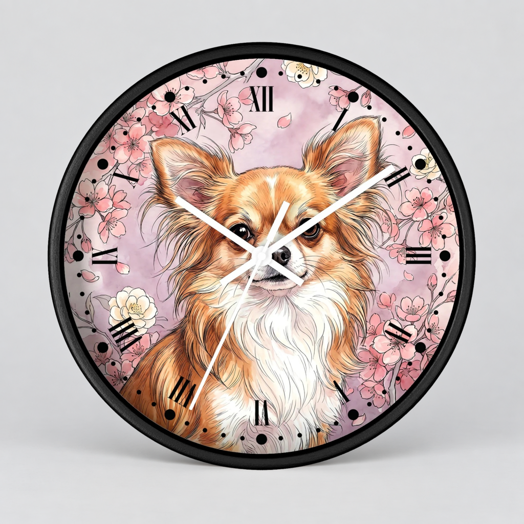 A round wall clock with a black frame featuring an illustrated long-haired dog portrait on a pink floral background with black Roman numerals and white clock hands.