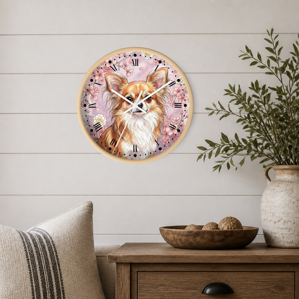 Chihuahua Floral Wall Clock — Pink Dog Decor for Pet Lovers