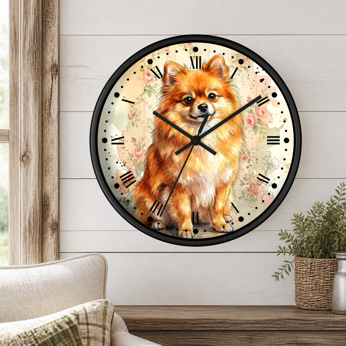 Pomeranian Floral Wall Clock — Vintage Dog Lover Home Decor