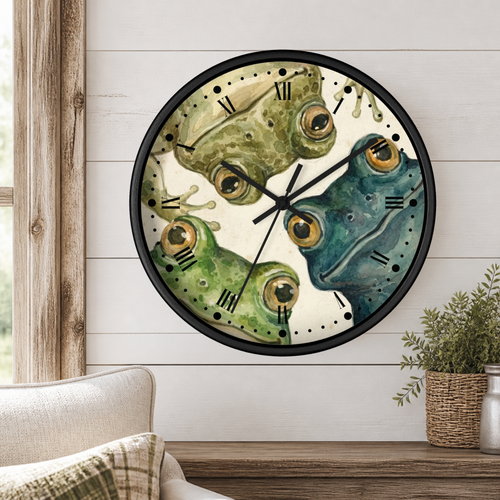 Round wall clock with a black frame and a whimsical frog face design, mounted on a white wood-paneled wall above a wooden console table with a plant and part of a sofa visible.