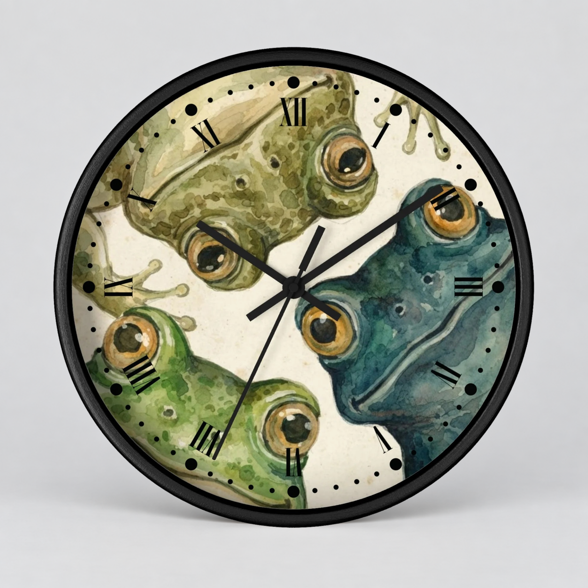 Frog Trio Wall Clock — Watercolor Amphibian Decor