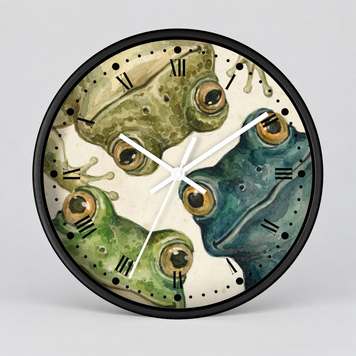 Frog Trio Wall Clock — Watercolor Amphibian Decor