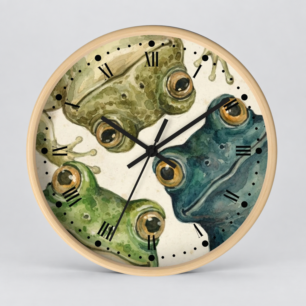 Frog Trio Wall Clock — Watercolor Amphibian Decor