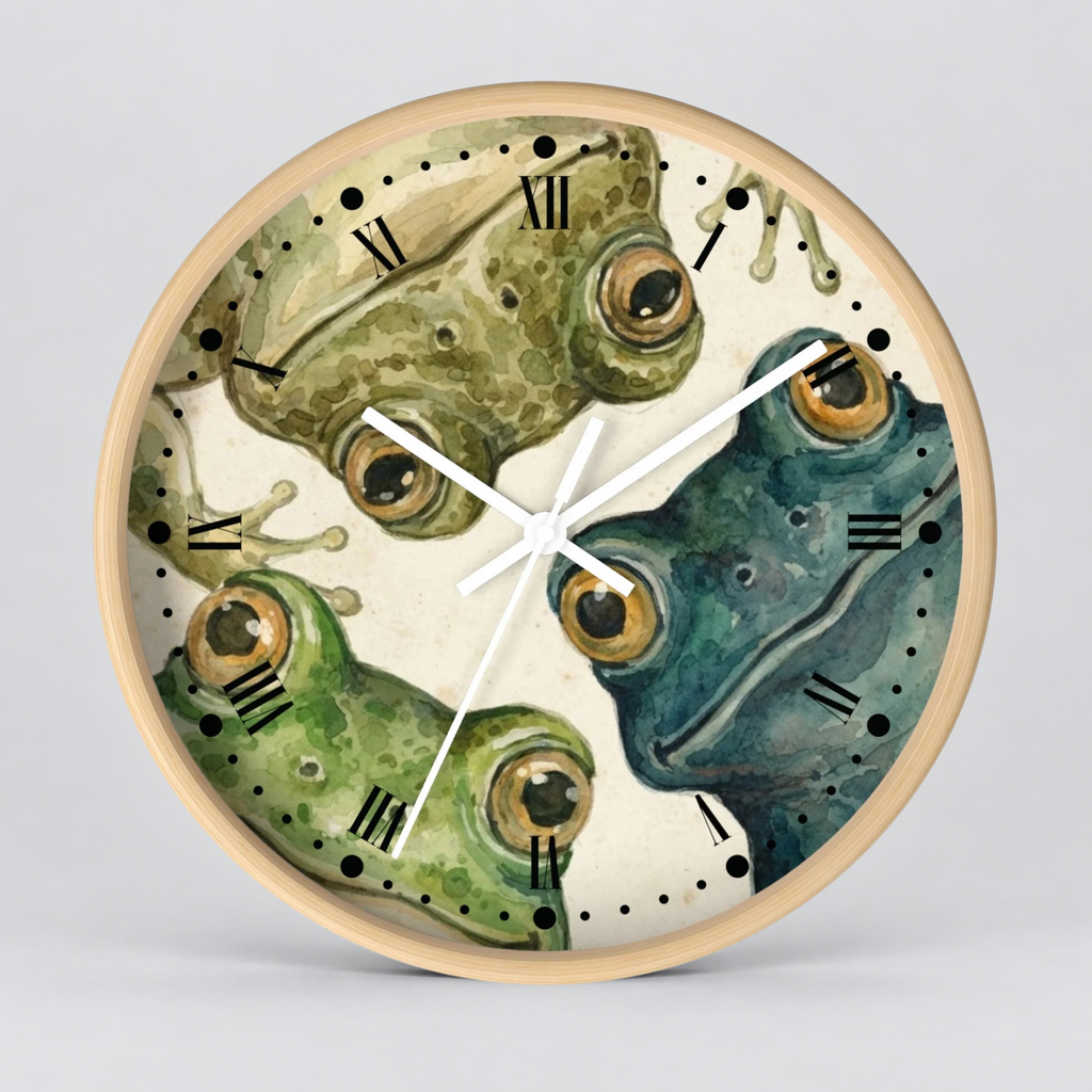 Frog Trio Wall Clock — Watercolor Amphibian Decor