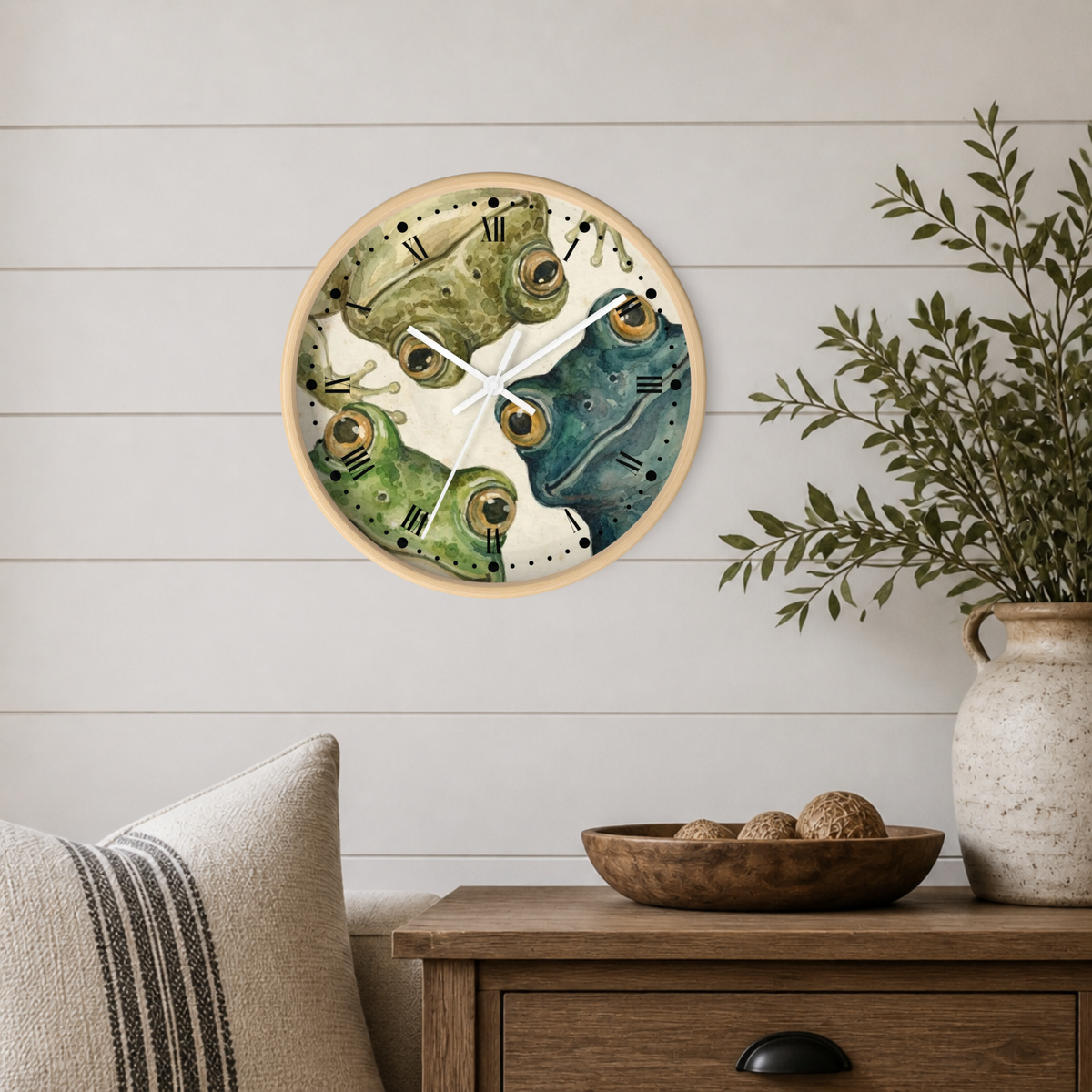 Frog Trio Wall Clock — Watercolor Amphibian Decor