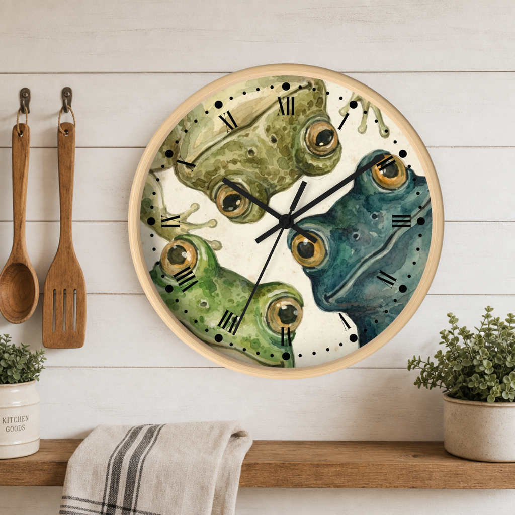 Round wall clock with a watercolor design of two frogs facing each other, one green and one blue, on a white wood-paneled kitchen wall above a wooden shelf with a towel and small plants.