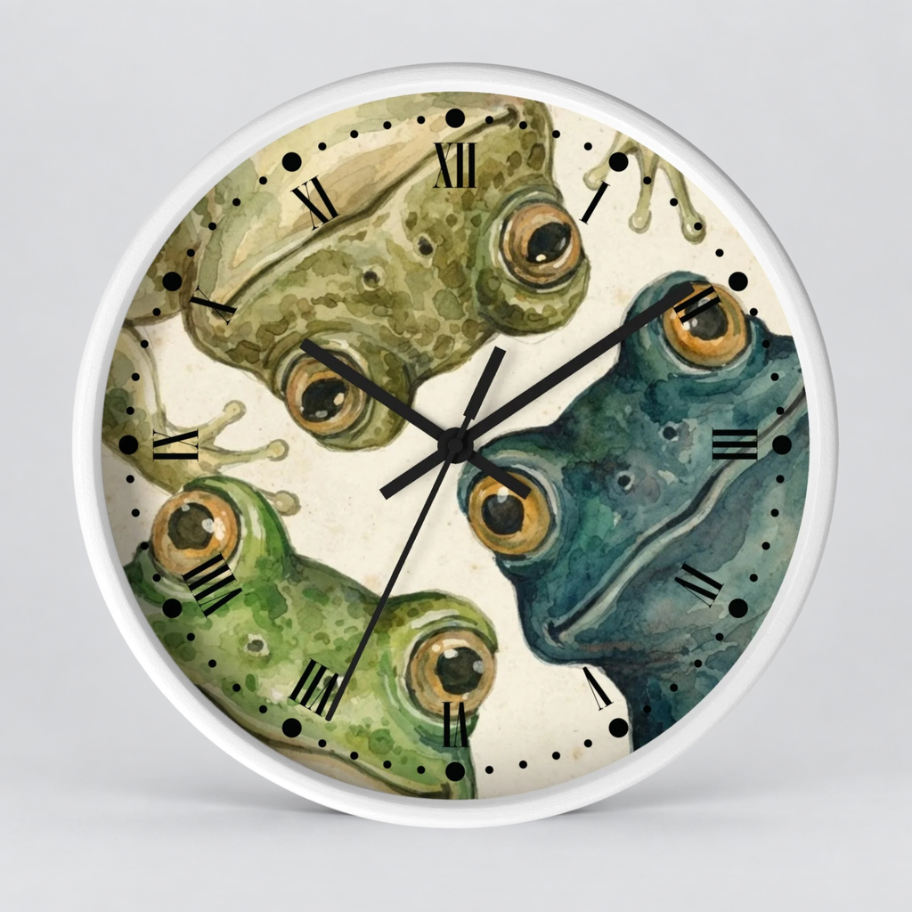 Frog Trio Wall Clock — Watercolor Amphibian Decor