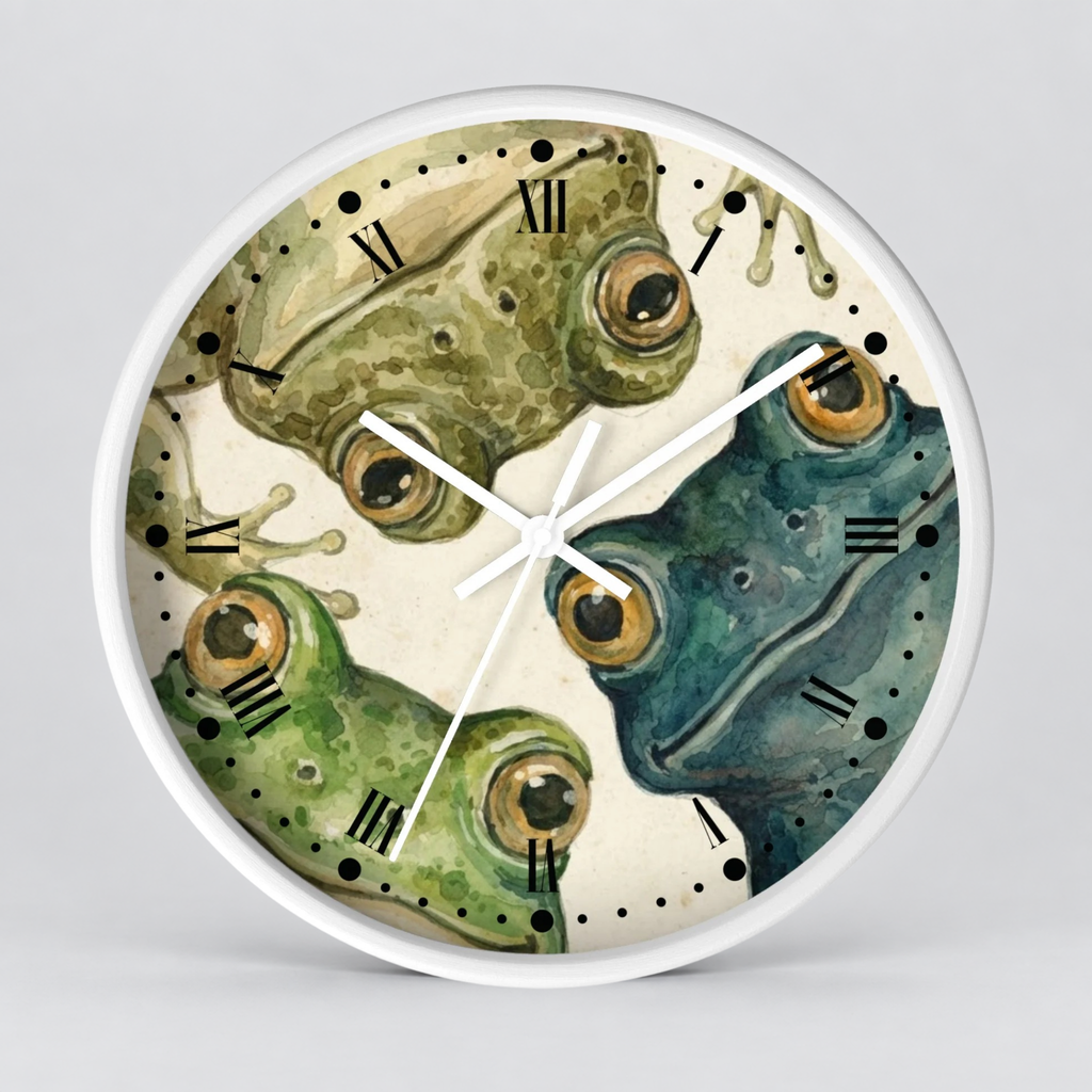Frog Trio Wall Clock — Watercolor Amphibian Decor