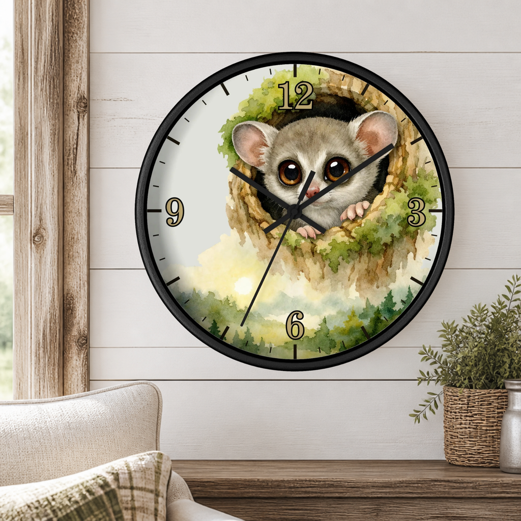 Galego Bush Baby Wall Clock — Watercolor Wildlife Nursery Decor