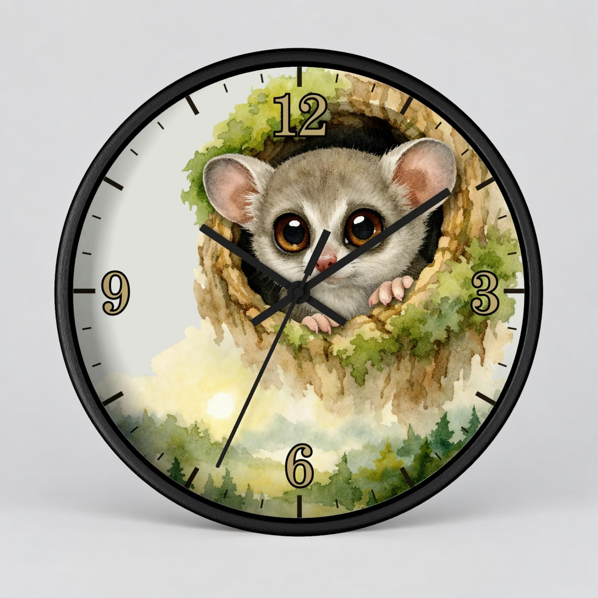 Galego Bush Baby Wall Clock — Watercolor Wildlife Nursery Decor