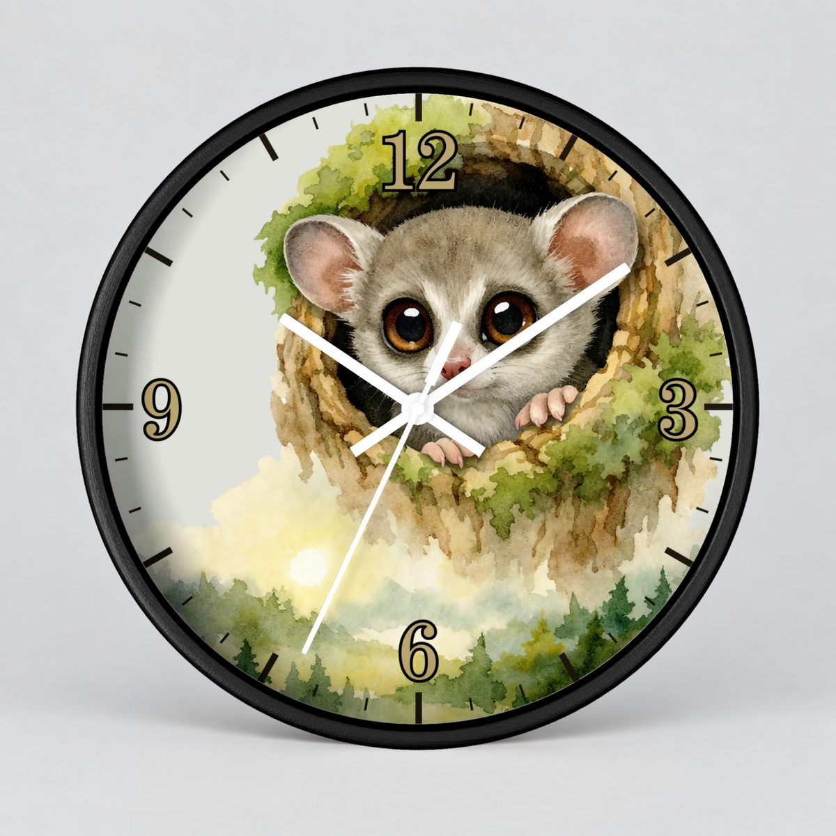 Galego Bush Baby Wall Clock — Watercolor Wildlife Nursery Decor