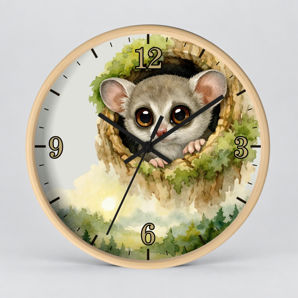 Galego Bush Baby Wall Clock — Watercolor Wildlife Nursery Decor