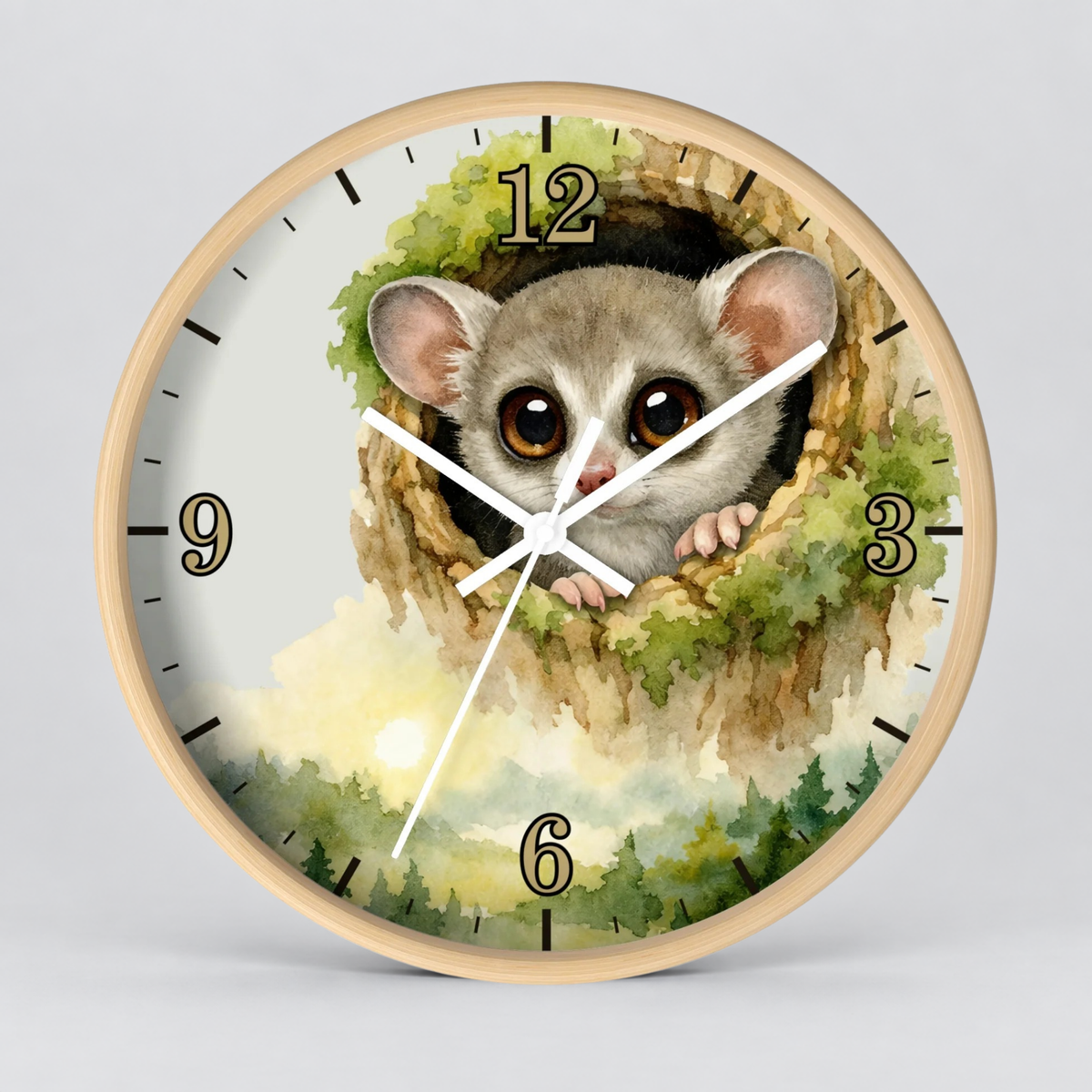 Galego Bush Baby Wall Clock — Watercolor Wildlife Nursery Decor