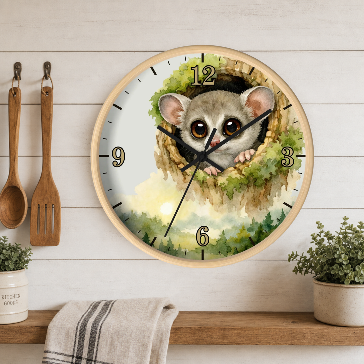 Galego Bush Baby Wall Clock — Watercolor Wildlife Nursery Decor
