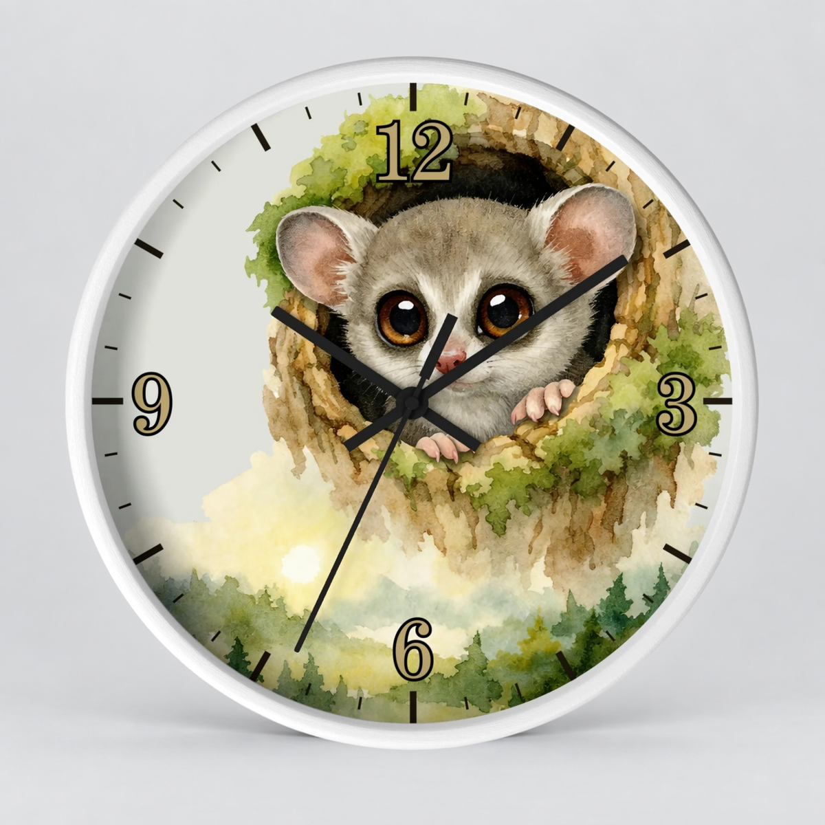 Galego Bush Baby Wall Clock — Watercolor Wildlife Nursery Decor