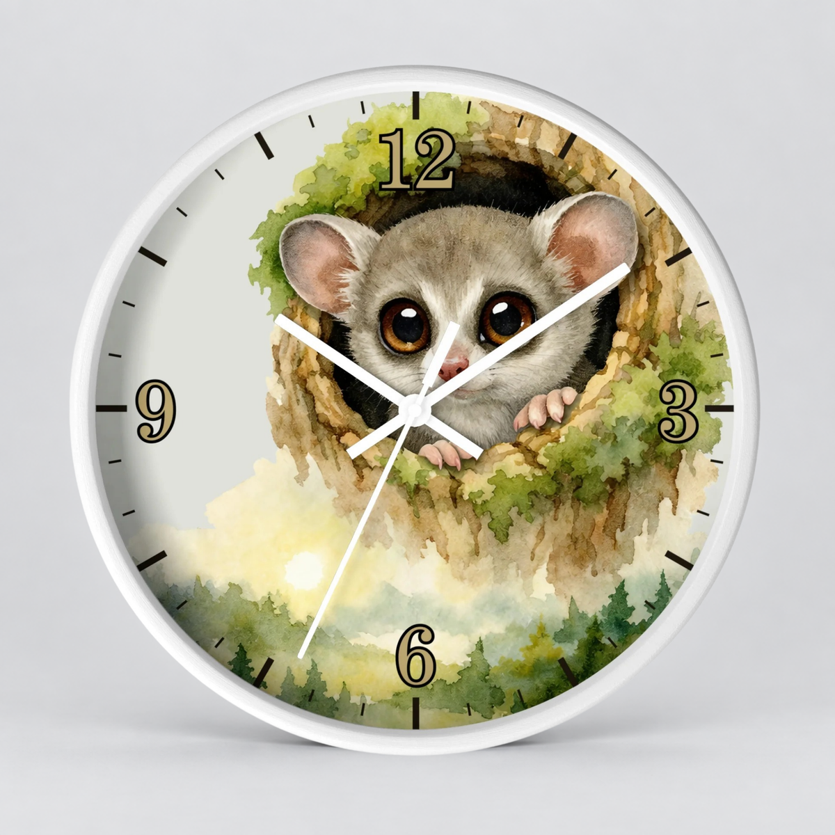 Galego Bush Baby Wall Clock — Watercolor Wildlife Nursery Decor