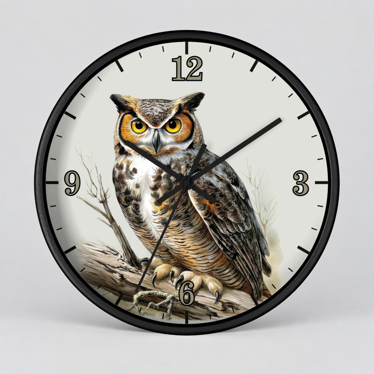 A round wall clock with a black frame and a printed owl illustration on the face. The clock has black Arabic numerals and black hands, photographed against a light gray studio background.