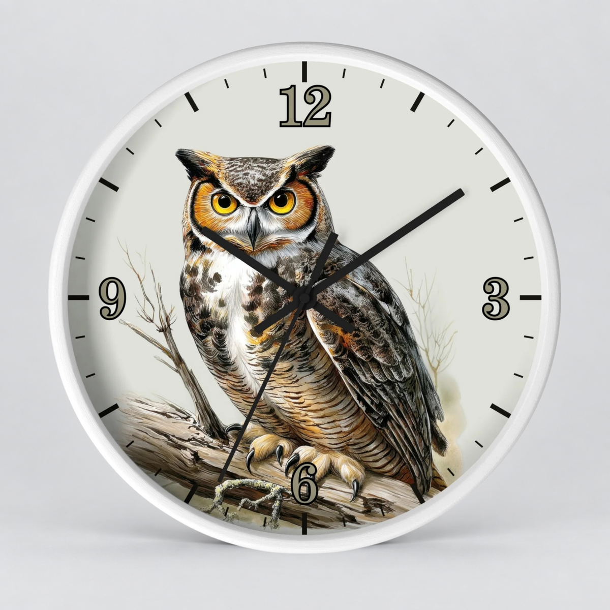 Round wall clock with a white frame and a detailed owl illustration on the face, set against a light gray background.