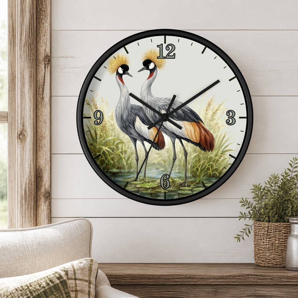 Round wall clock with a black frame and a printed illustration of two crowned cranes on the face, mounted on a white shiplap wall above a wooden console table with a plant and part of a sofa visible.