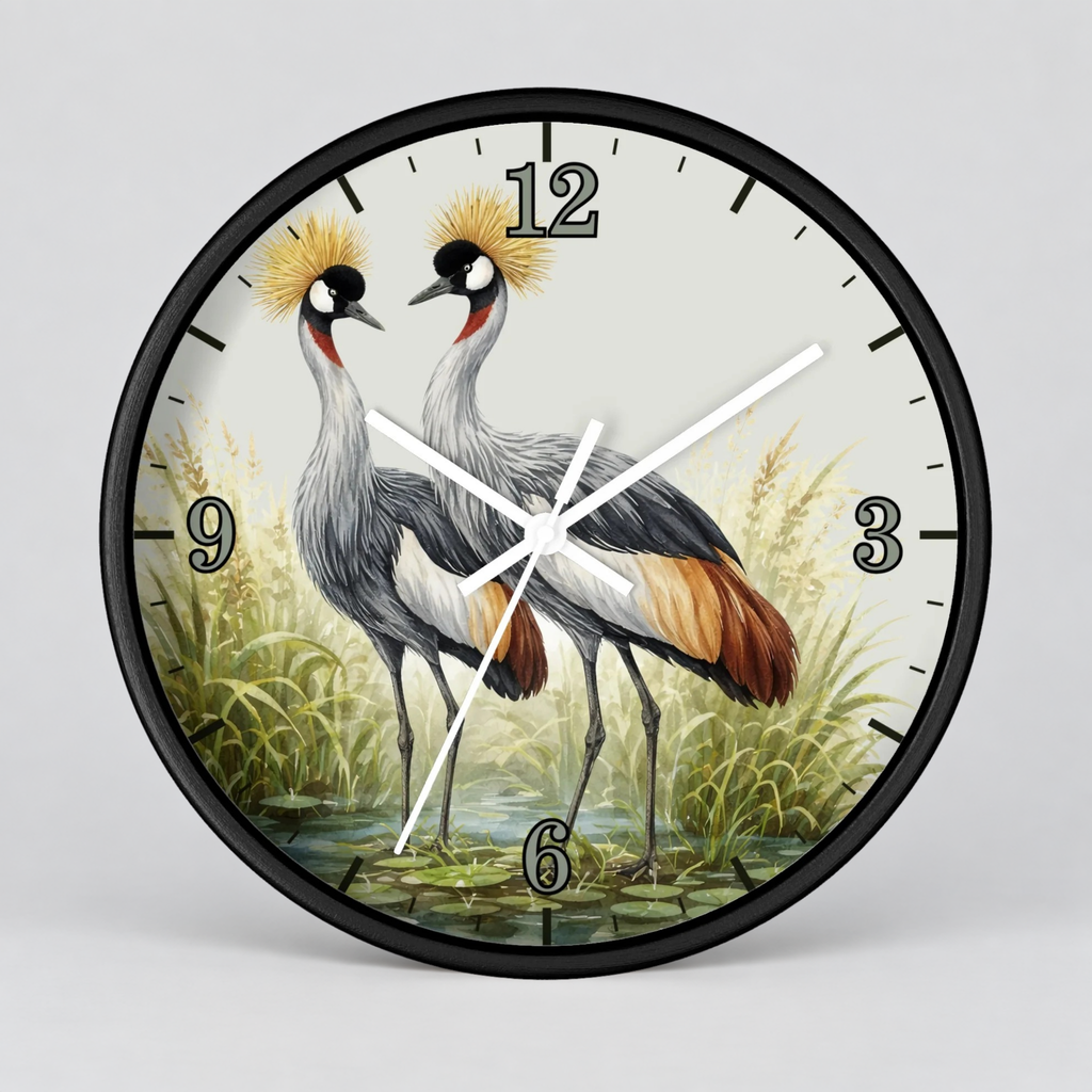 A round wall clock with a black frame and a printed illustration of two crowned cranes standing in a marsh. The clock face is off-white with black numerals and hands, photographed against a light gray background.