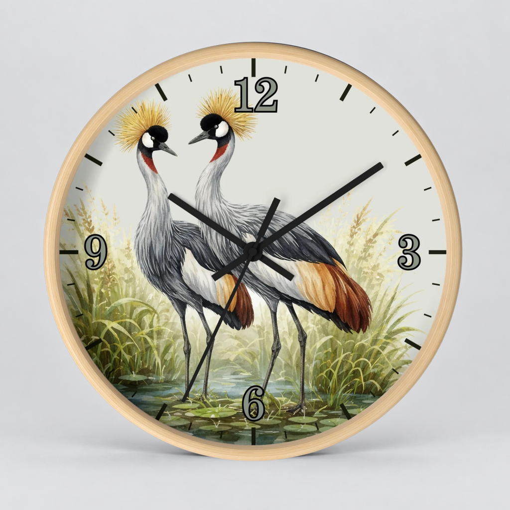 A round wall clock with a light natural wood frame and a printed illustration of two crowned cranes standing in a marshy landscape. The clock face is off-white with black Arabic numerals and black hands, photographed against a neutral light gray background.
