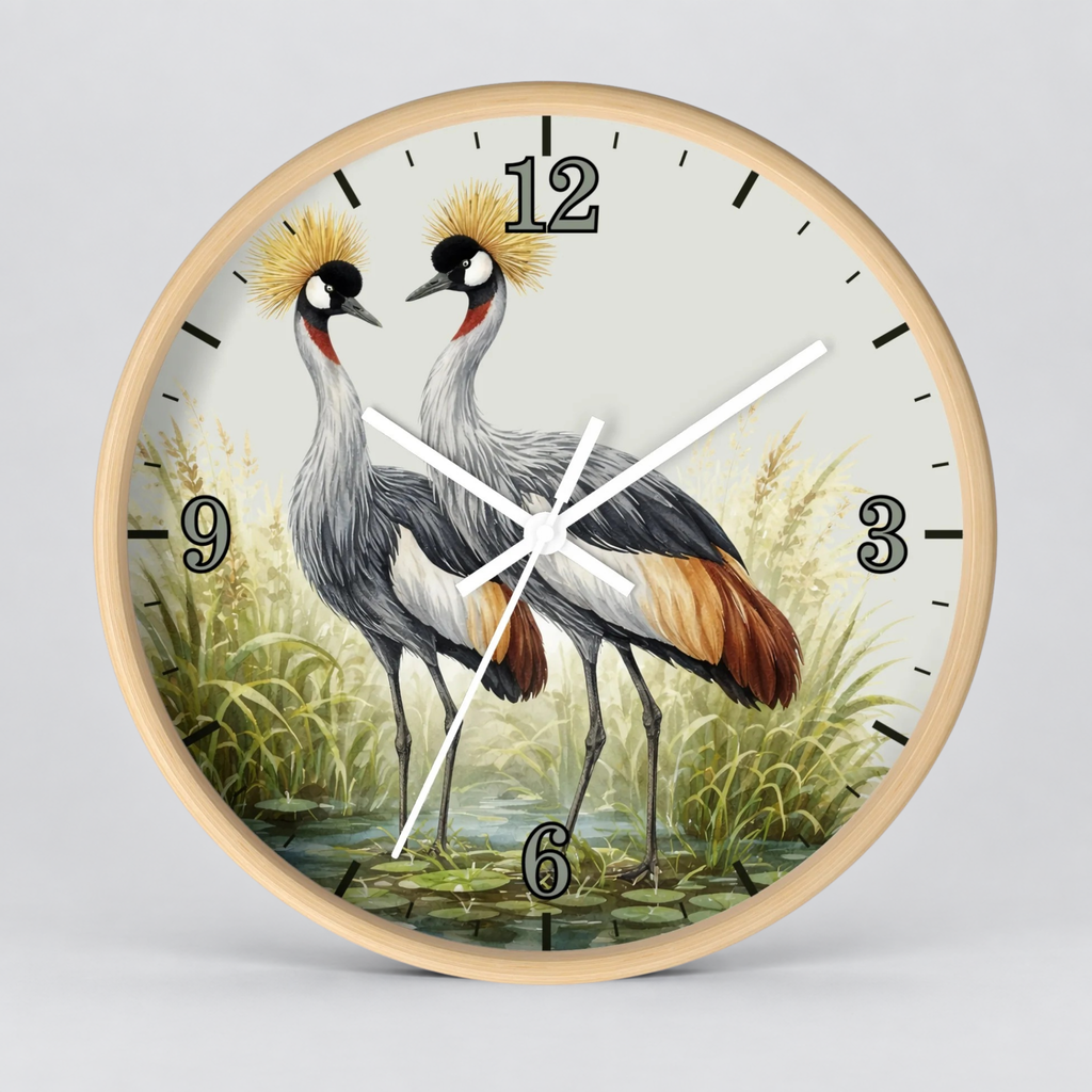 A round wall clock with a light natural wood frame, featuring a printed illustration of two crowned cranes standing in a marshy landscape. The clock face is off-white with black Arabic numerals and black clock hands.